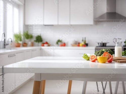 White table with white unfocused kitchen background, Ai Generative