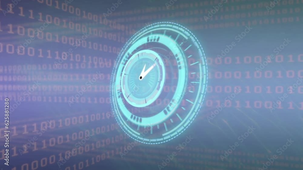 Animation of binary coding and data processing over clock Animation of binary coding and data processing over clock