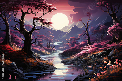 Beautiful landscape of in fairy purple pink forest against the backdrop of the moon and mountains. Generative AI