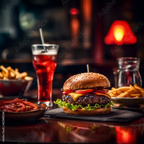 burger on a table with a black background, Ai Generative