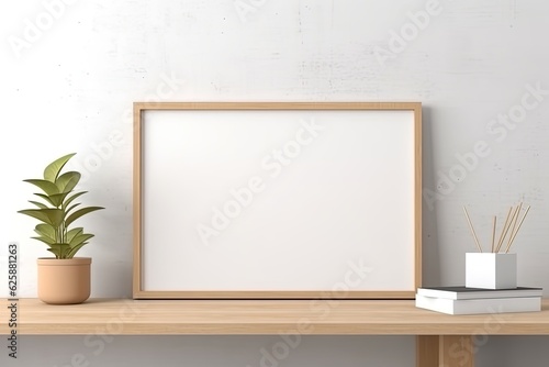 Empty wooden photo frame mockup in modern home interior.