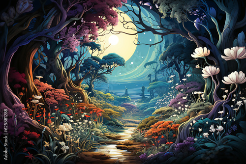 Beautiful landscape of in fairy forest against the backdrop of the moon. Generative AI
