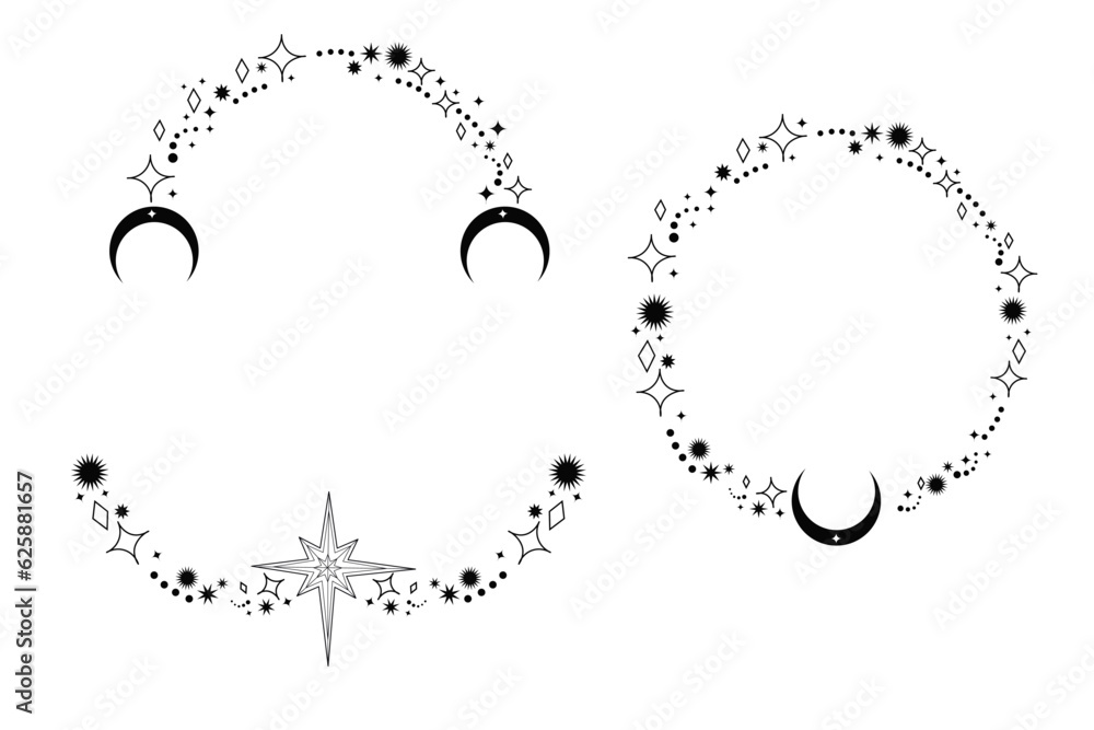 Celestial esoteric frame, mystic line border isolated on white background, elegant boho decoration.