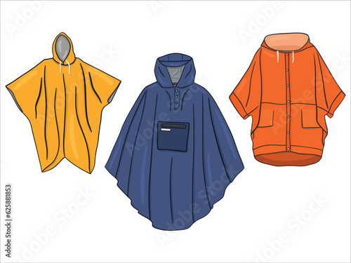 Set of stylish raincoats: trendy rain ponchos, fashionable rainwear, and weather jackets in a fun cartoon style.