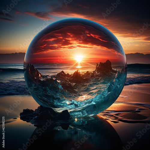 A Stunning Photo of a Glass Sphere on a Beach at Sunset Reflecting the Inside and Outside Beauty of Nature