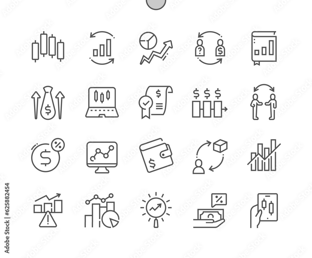 Trading. Annual report. Trading strategy. Frequency, wallet, buy. Stock market investment. Pixel Perfect Vector Thin Line Icons. Simple Minimal Pictogram