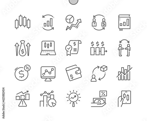 Trading. Annual report. Trading strategy. Frequency, wallet, buy. Stock market investment. Pixel Perfect Vector Thin Line Icons. Simple Minimal Pictogram