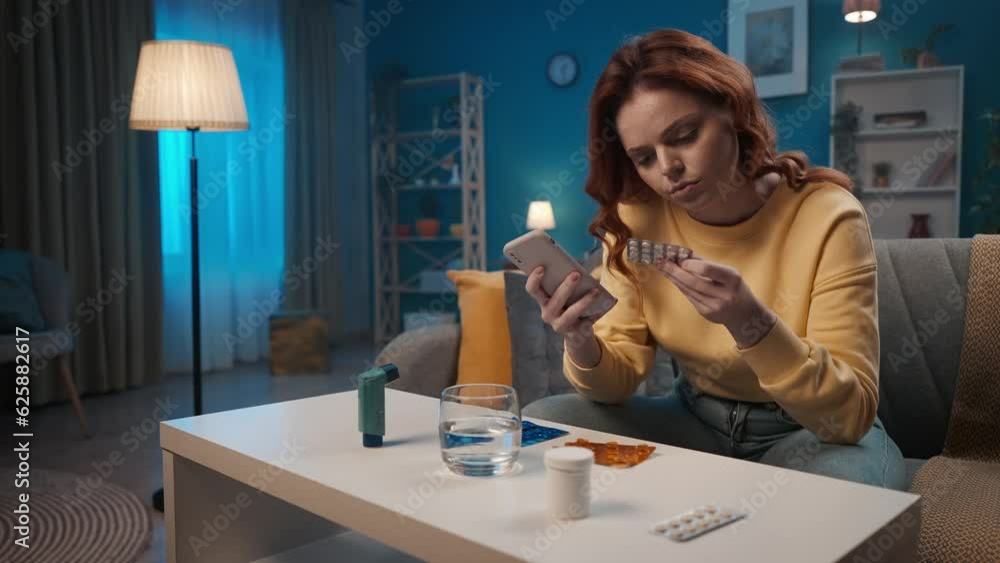 A woman using a smartphone studies the instructions for taking pills. A woman is sitting on a sofa in the living room, in front of her are medicines, a glass of water and an inhaler. A woman using a smartphone studies the instructions for taking pills. A woman is sitting on a sofa in the living room, in front of her are medicines, a glass of water and an inhaler.