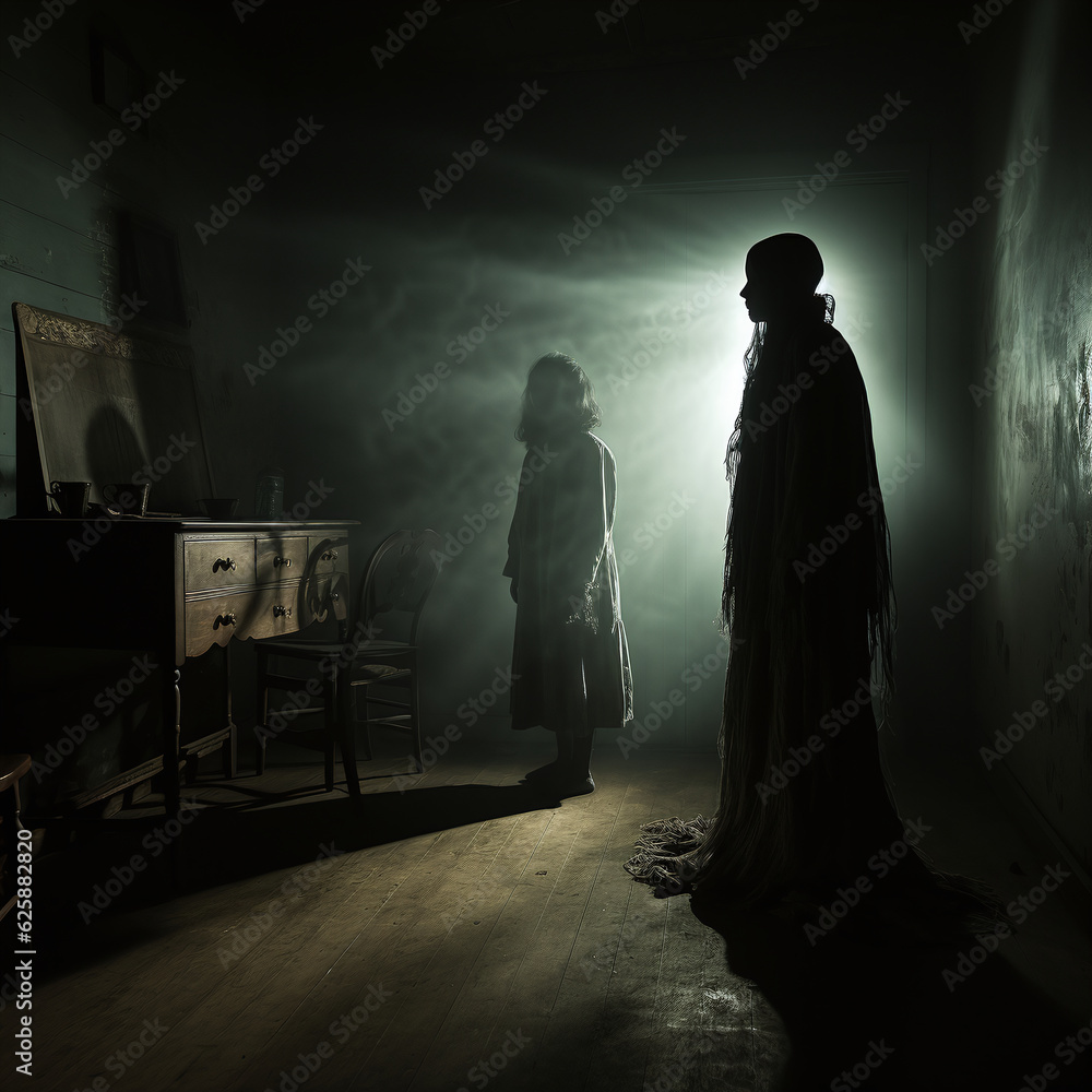A Creepy and Eerie Photo of a Ghastly Human Girl Standing in a Dark and Grungy Room with Scary Humanlike Figures Discreetly Lurking in the Background