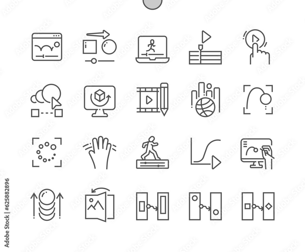 Animation. Motion design. New page. Scale, position, rotation. Pixel Perfect Vector Thin Line Icons. Simple Minimal Pictogram