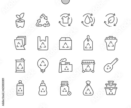 Reuse. Zero waste lifestyle. Recycling clothes. Plastic bag. Waste oil. Food containers. Pixel Perfect Vector Thin Line Icons. Simple Minimal Pictogram
