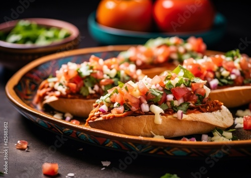 molletes on a terracotta plate with refried beans, cheese, and pico de gallo toppings artistically arranged on the top photo