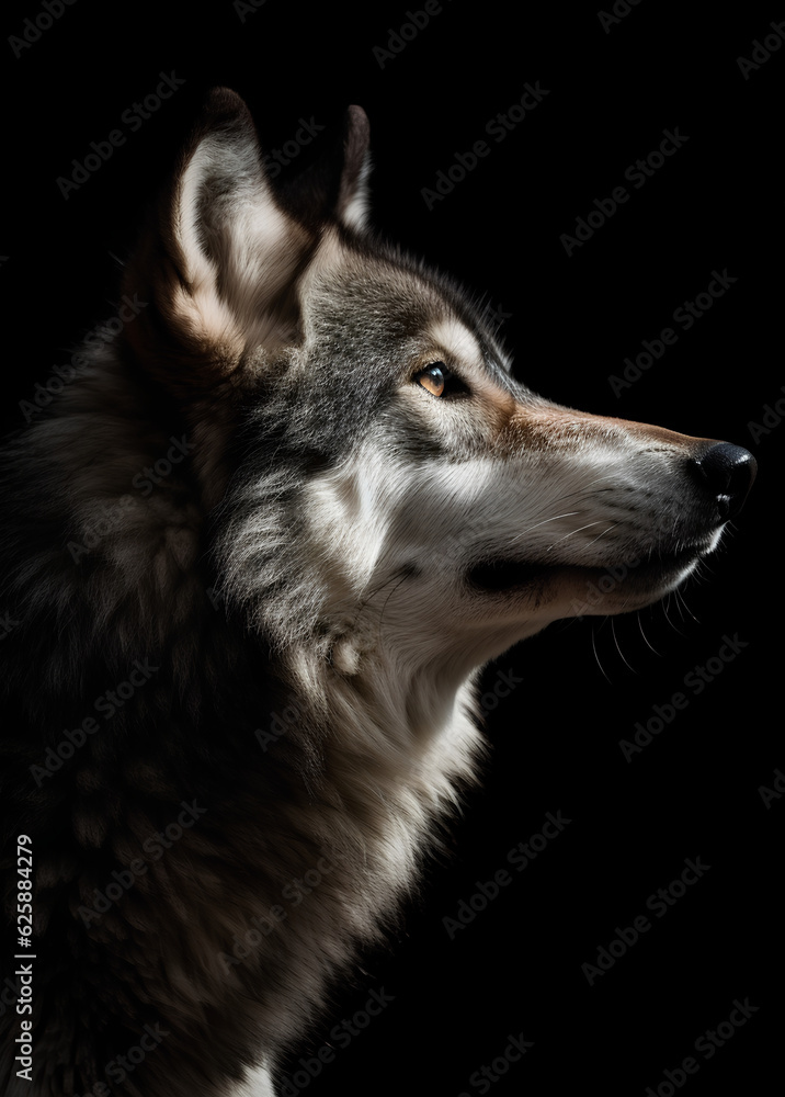 Obraz premium Grey Wild Wolf profile portrait - Generative AI