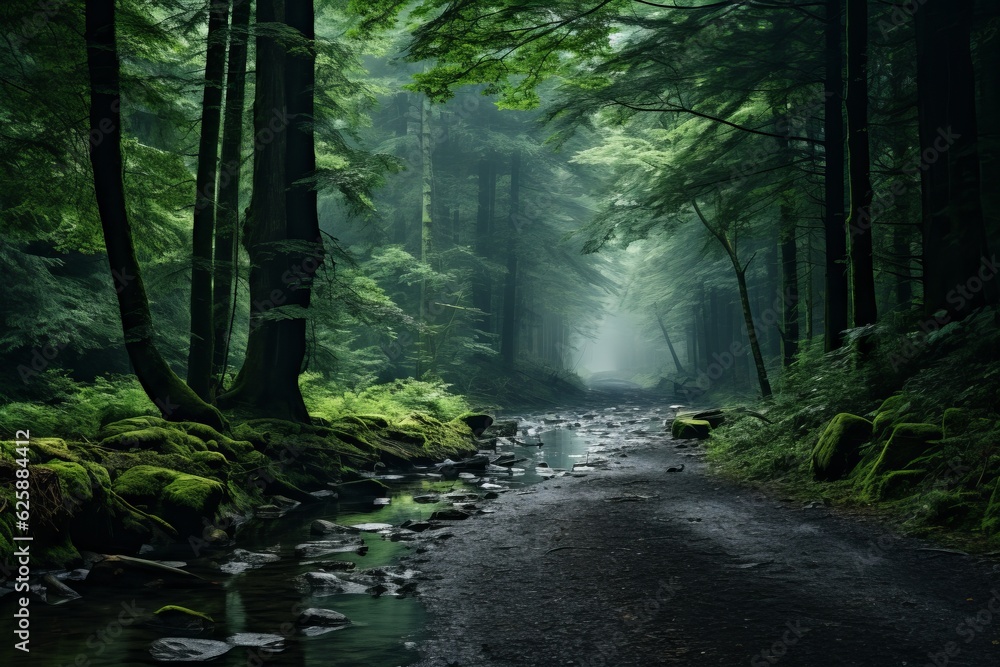 Fototapeta premium Enchanting Foggy Forest, Generative AI