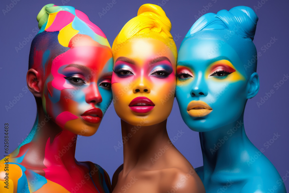 Obraz premium Three women on colorful make up fashion. Concept image on fashion and makeup. Generative AI