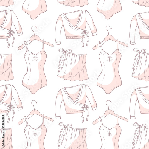 Elegant pattern of women's clothing on white background. Ballerinas style outfit outlines
