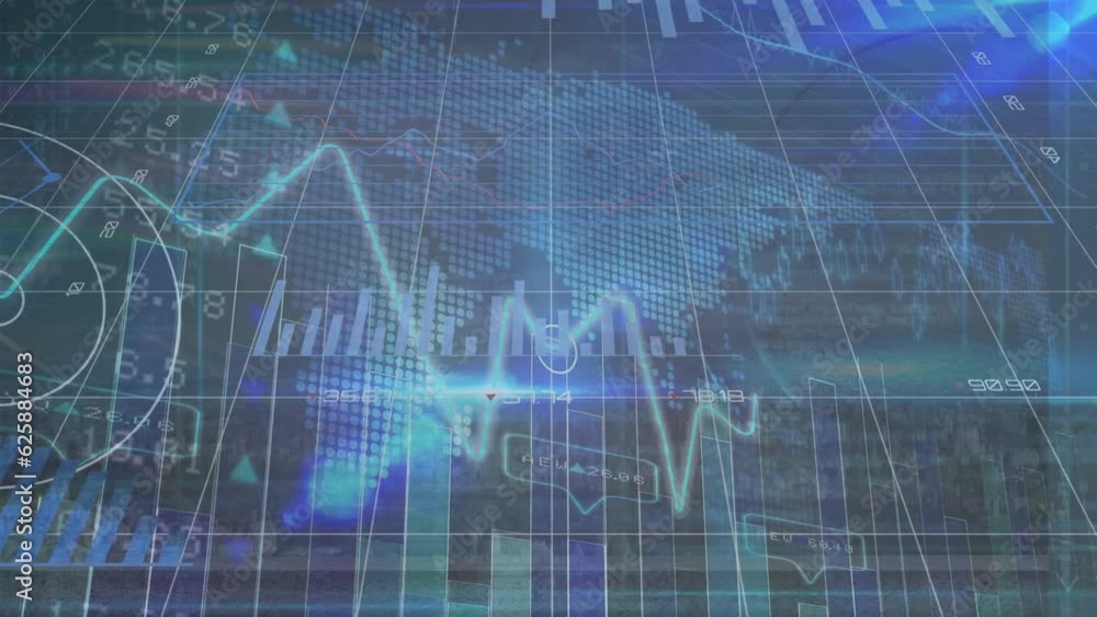Animation of multiple graphs, changing numbers over graph and trading board against map Animation of multiple graphs, changing numbers over graph and trading board against map