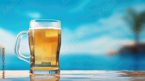 Glass with beer against blue color water pool, vacation sea summer concept, Oktoberfest concept. Generative AI