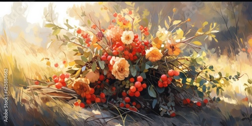 Vibrant Autumn Bouquet - A picturesque arrangement of yellow and orange flowers  red berries  and maple leaves  on lush green grass.  Generative AI Digital Illustration