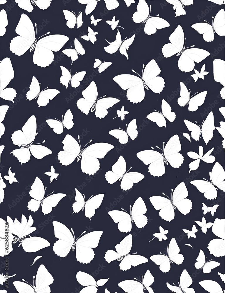 Fototapeta premium Seamless tiled repeating pattern of white butterflies, purple, purple background (generative ai)