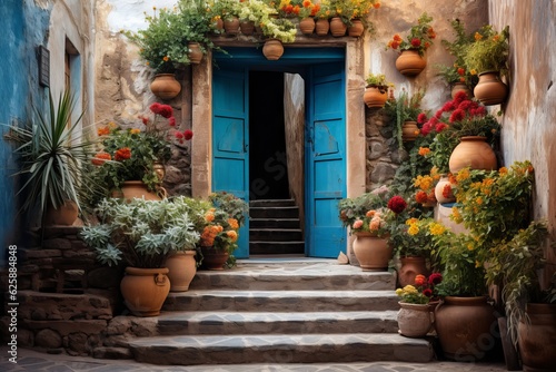 stairs leading to the door with a garden of potted plants around it. Generative Ai