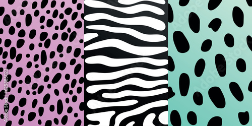 Abstract animal skin pattern set. Black and white wavy lines and black spots on violet and green backgrounds. Vector illustration.