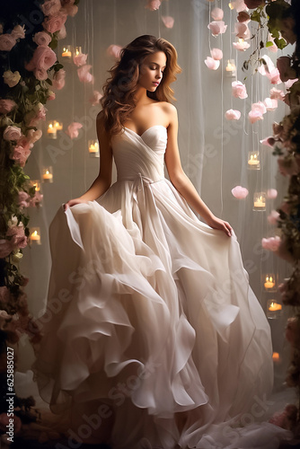 Beautiful bride in white wedding dress posing in the interior with flowers. Generative AI