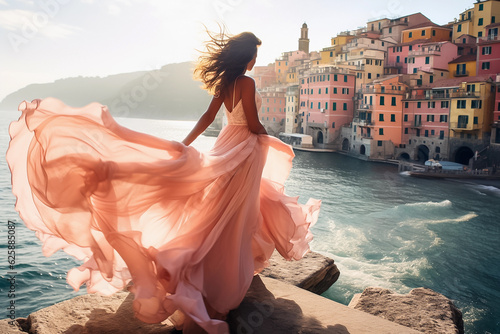 Beautiful girl in a pink dress on the background of the old town on sea shore. Fashion fotography. Generative AI
