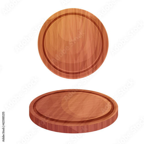 Set Wooden round pizza board, pate top view in cartoon style isolated on white background. Kitchen enpty cutting desk. 