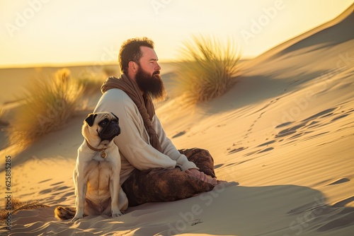 Bearded Man & Pet Pug Contemplate Setting Sun on Beach. Photo generative AI