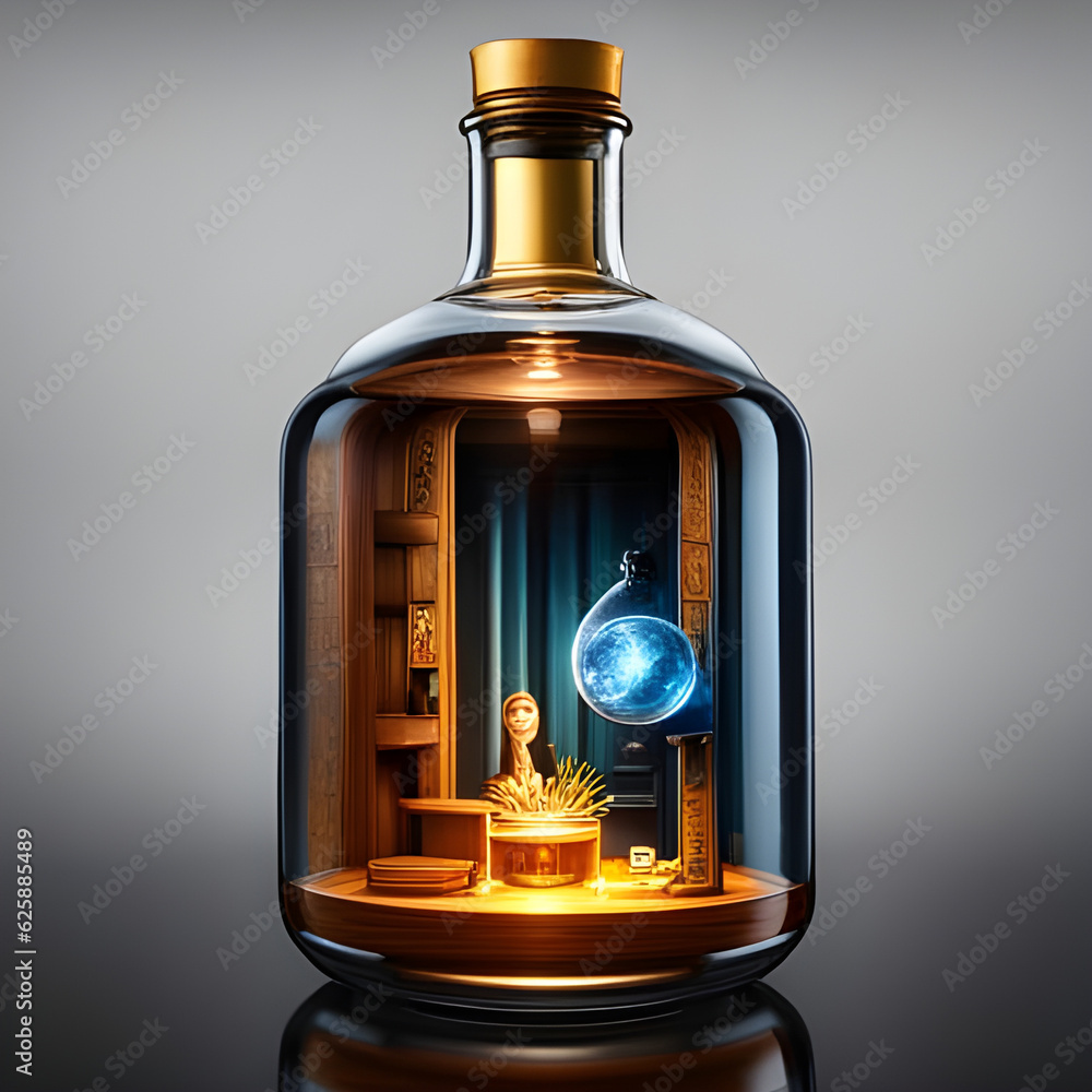 Beautiful world inside a corked glass bottle . Concept of protection, security, insurance. Digital illustration. CG Artwork Background Beautiful world inside a corked glass bottle . Concept of protection, security, insurance. Digital illustration. CG Artwork Background