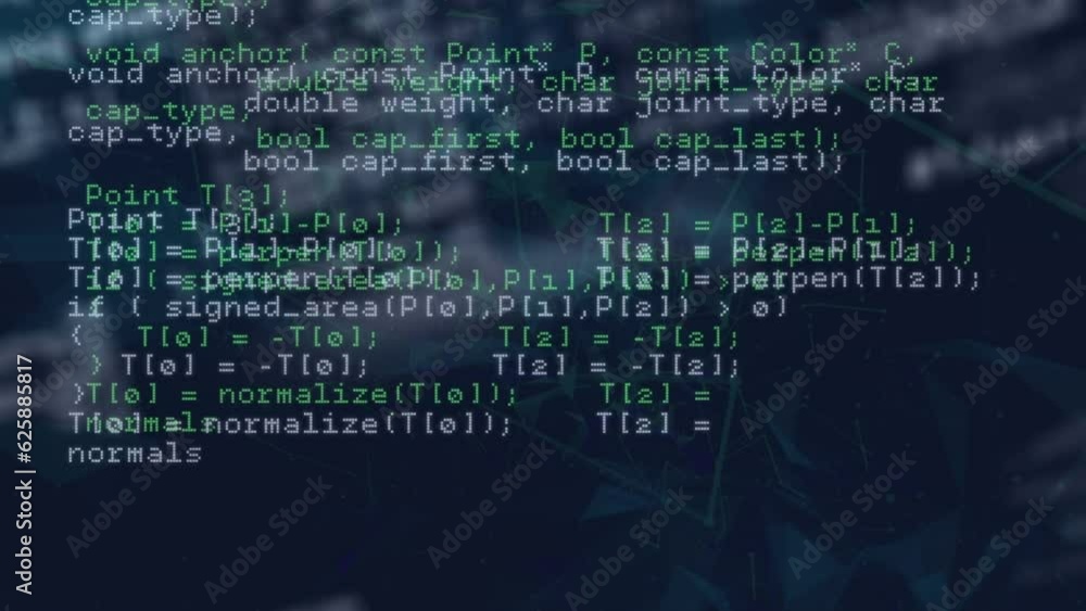 Animation of looping computer language, connected dots forming geometric shape on black background Animation of looping computer language, connected dots forming geometric shape on black background