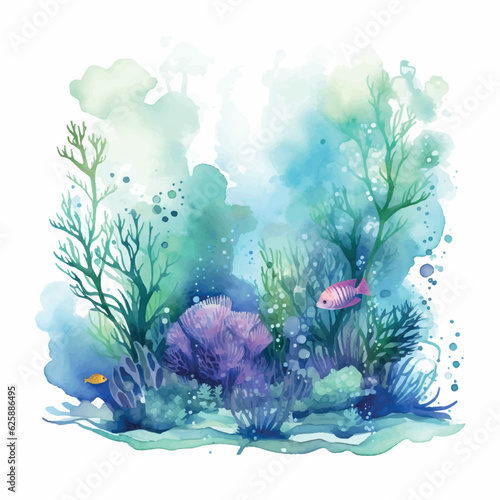 Watercolor underwater floral bouquet with corals and fish. Flat vector/png illustration isolated on white background