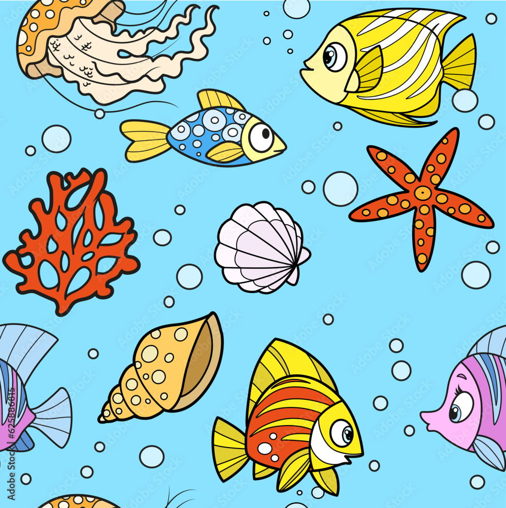 Seamless pattern from cute carton sea inhabitants starfishes, fishes, seashells and jellyfish