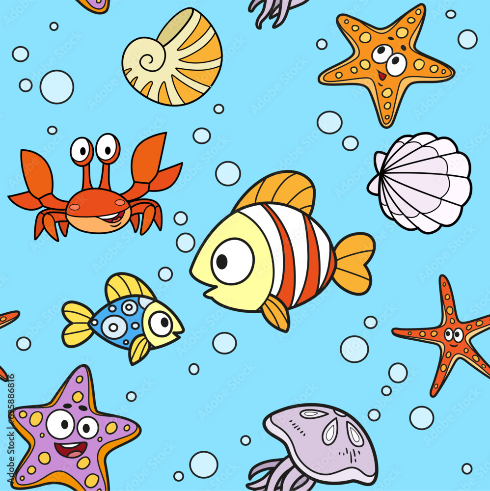 Naklejka premium Seamless pattern from cute carton sea inhabitants starfishes, fishes, crab, seashells and jellyfish