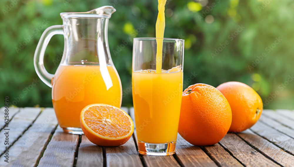 Naklejka premium orange juice pouring in glass from jug and ripe fruits on wooden table outdoors. Summer refreshing drink