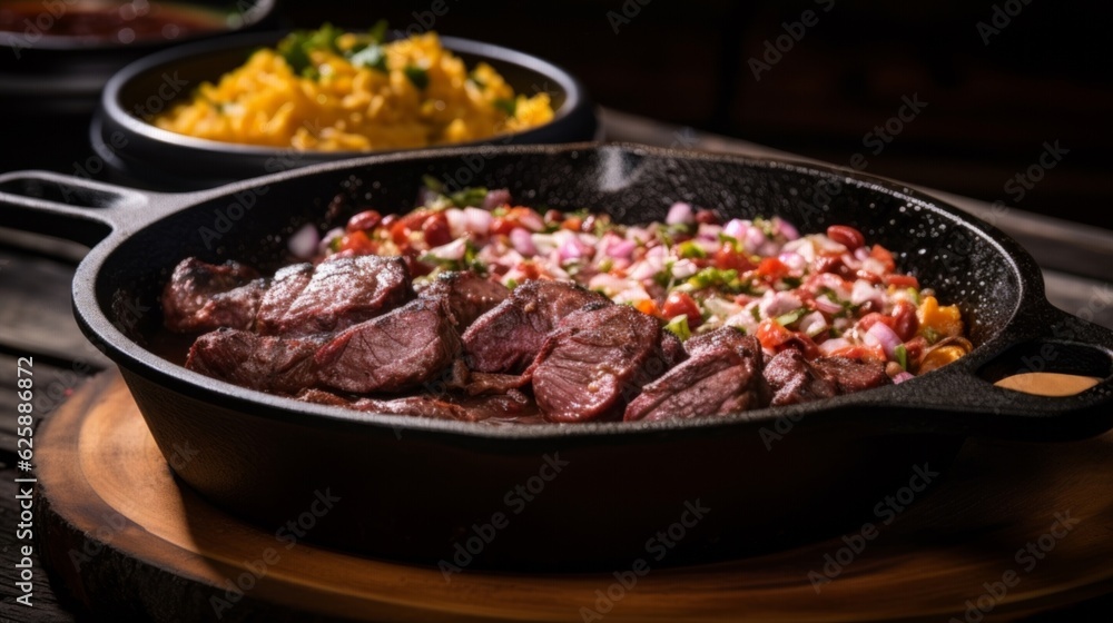 Arrachera sizzling on a black cast iron skillet with a side of refried beans and rice, captured with a Sony Alpha A7 III mirrorless camera, using a 50mm prime lens --v 5.2 --ar 16:9 --no cutlery knive