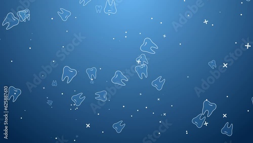 Blue animated background with drawn cartoon teeth. Rotating dental symbols. Abstract looping motion graphics. Copy space. photo