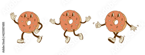Set of retro cartoon funny donut characters. Bakery mascot. Vintage street food vector illustration. Nostalgia