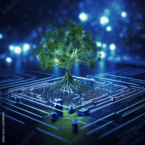 Synergy of Nature and Technology: Computer Circuit Board Embraced by a Tree with Green Computing, Technology Ethics, and CSR Concepts