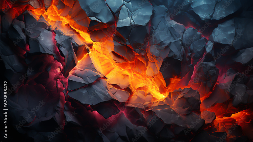Dark organic rock background with hot and smouldering embers and fire beneath the cracks. Created with Generative AI. Dark organic rock background with hot and smouldering embers and fire beneath the cracks. Created with Generative AI.