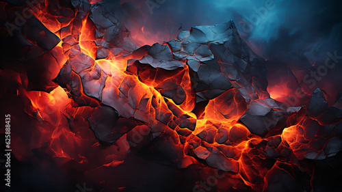 Dark organic rock background with hot and smouldering embers and fire beneath the cracks. Created with Generative AI. 