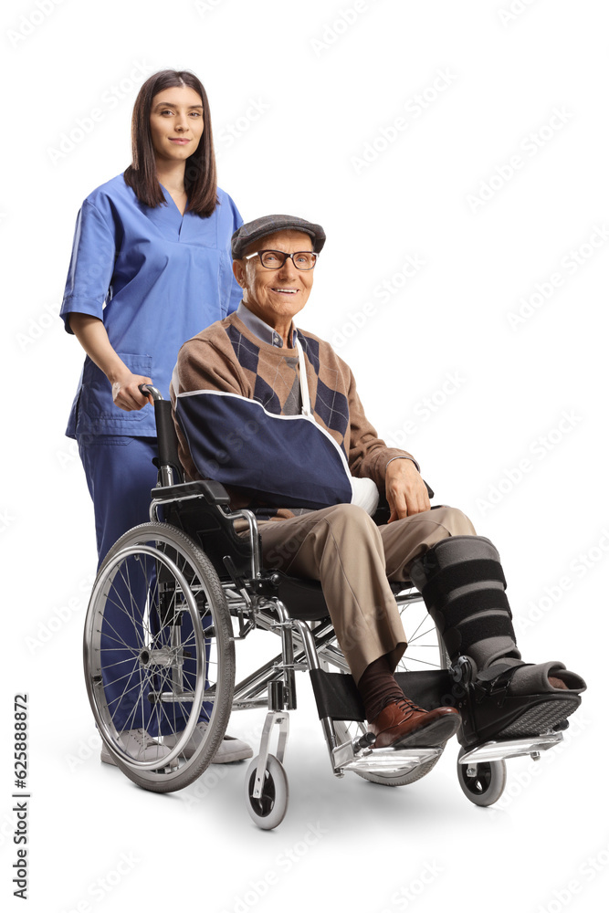 Nurse and an injured mature patient with a leg brace in a wheelchair Nurse and an injured mature patient with a leg brace in a wheelchair
