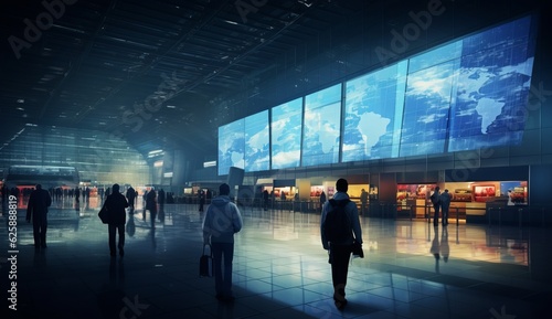 Business people silhouettes in airport terminal interior. Travel and tourism concept