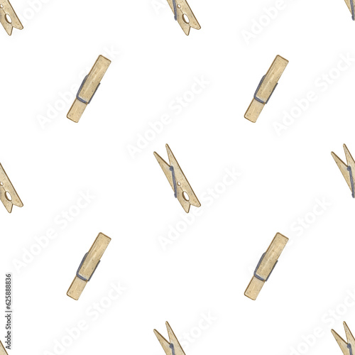 Seamless pattern with wooden clothespins on a white background. Watercolor illustration. Suitable for the design of postcards, invitations, wallpaper for walls, upavkovki, bed linen, textiles,printing