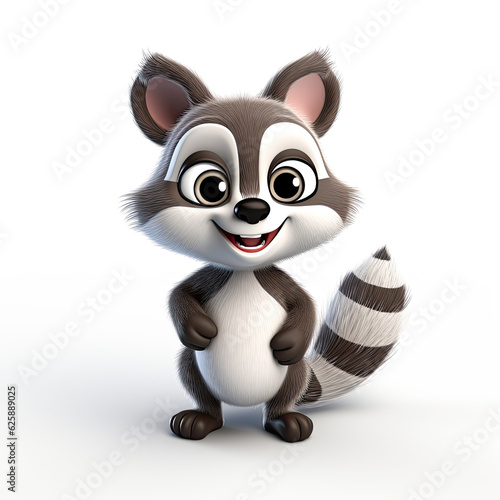 Cute Raccoon, 3D Cartoon, friendly, solid white background