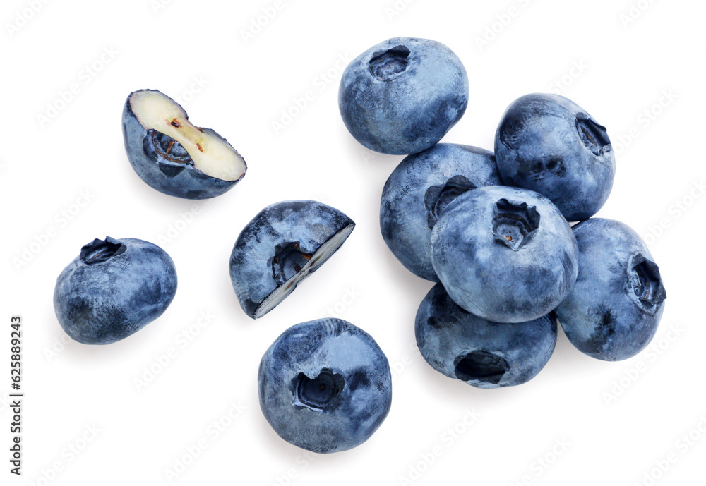 Heap of blueberries with halves and scattered close-up on a white background. Top view Heap of blueberries with halves and scattered close-up on a white background. Top view