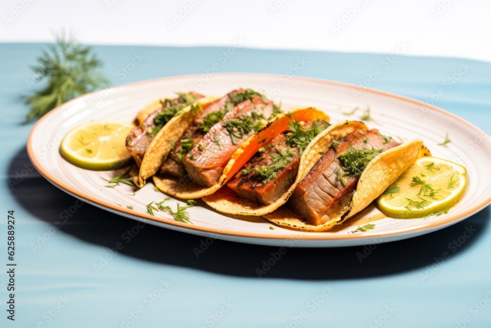 Tacos de Lengua served on a turquoise plate against a white background, focusing on the juicy texture of the beef Tacos de Lengua served on a turquoise plate against a white background, focusing on the juicy texture of the beef