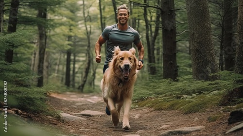 A man runs with a dog. A guy with a dog for fitness training. Outdoor fitness, exercise, training and cardio. Generative AI.
