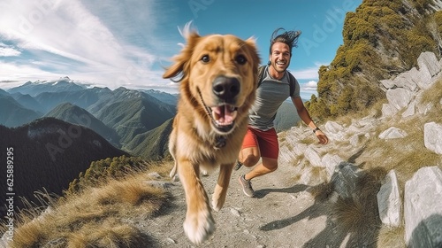 A woman runs with a dog. A girl with a dog on fitness training. Fitness, exercise, training and cardio training in nature. Generative AI.